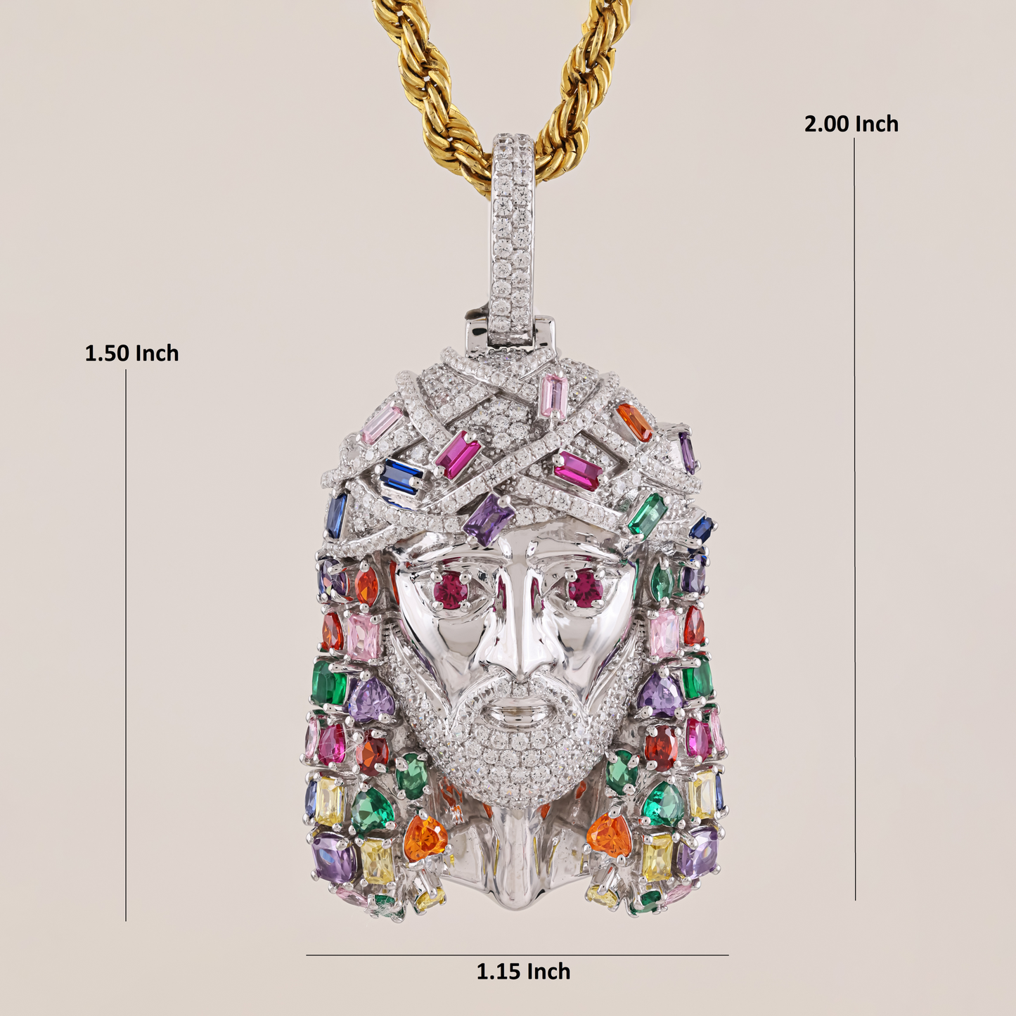 Multi-Color Jesus Face Diamond Pendant in White Gold with 6.1CTW