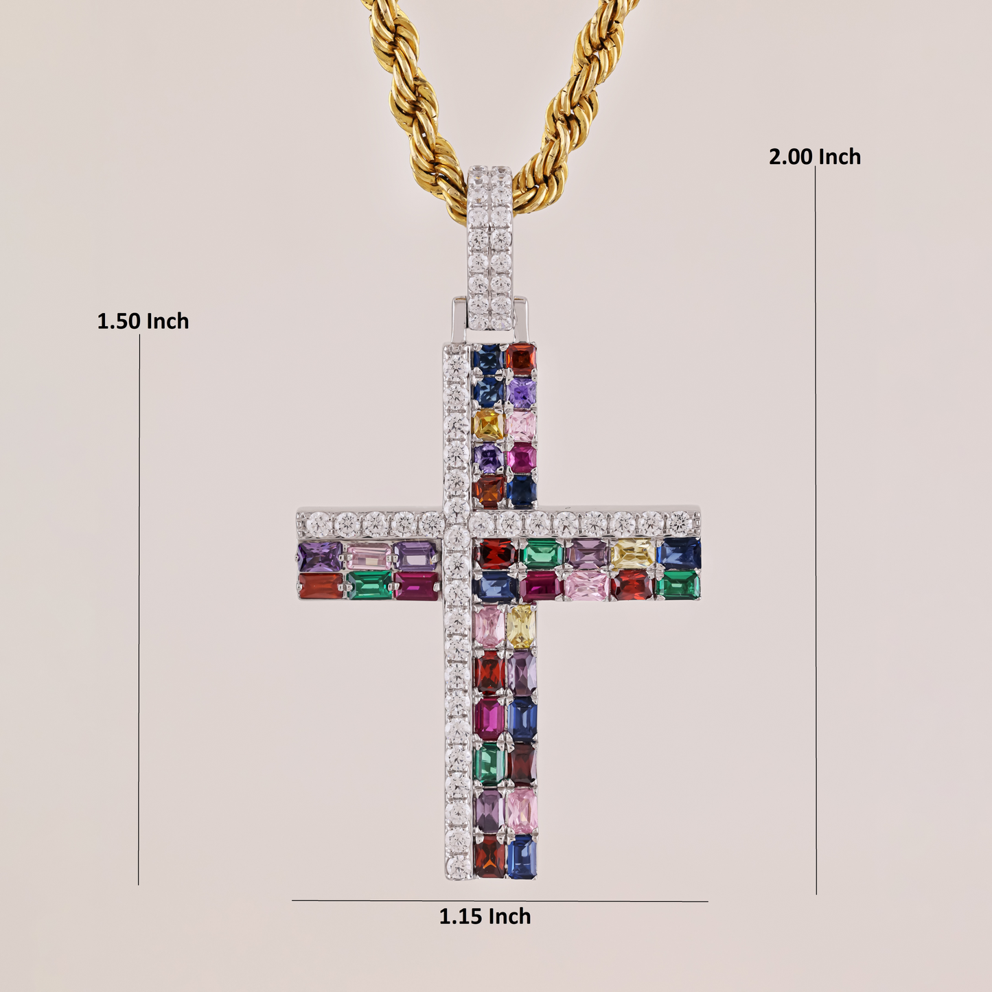 Gold Rainbow Diamond Cross Pendant with 4.1CTW Multi-Color Diamonds