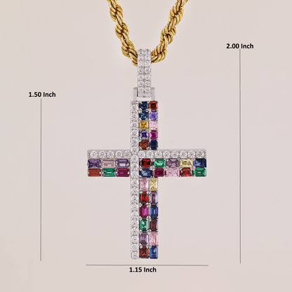 Gold Rainbow Diamond Cross Pendant with 4.1CTW Multi-Color Diamonds