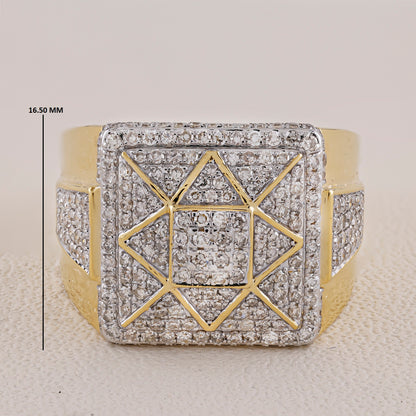 Gold and diamond-encrusted ring with geometric design on a light background