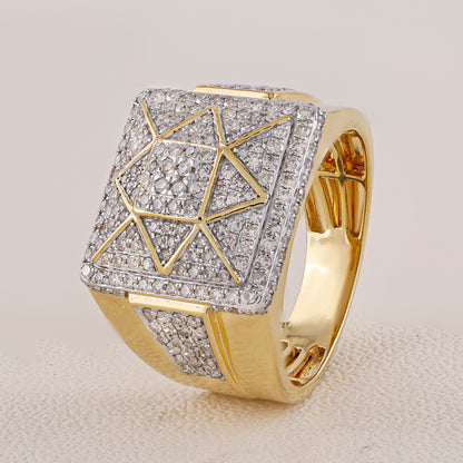 Gold ring with diamond-studded geometric design on a light gray background