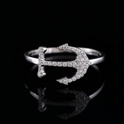925 Silver Anchor Shape Ring with 0.26CT CZ Round Diamond