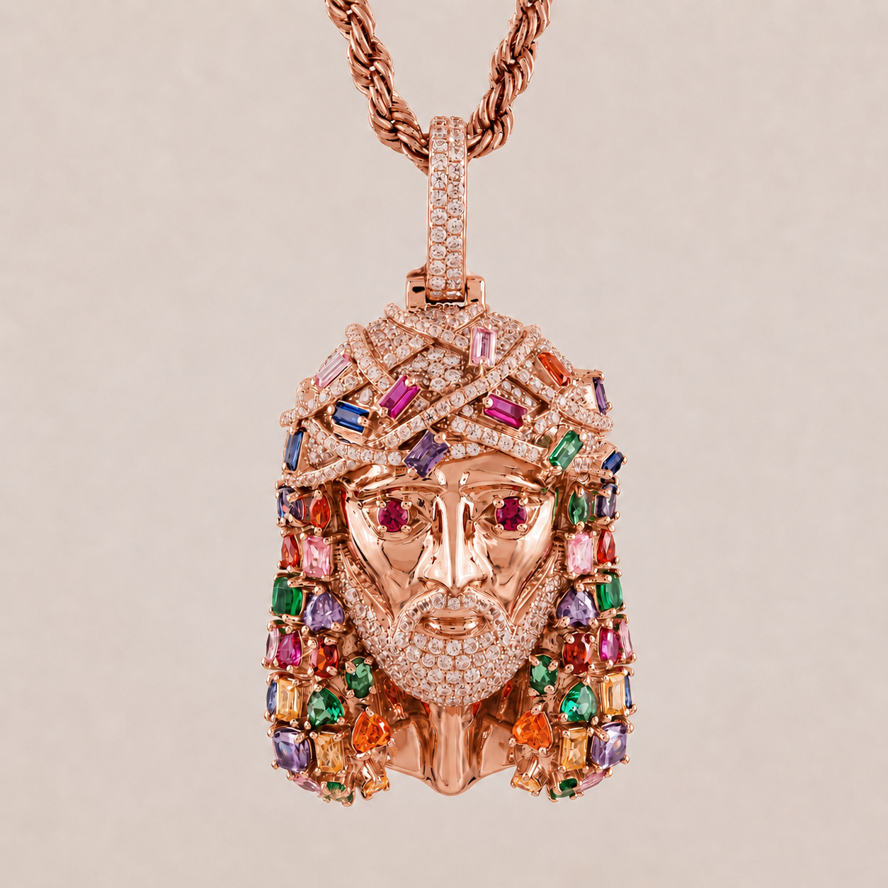 Multi-Color Jesus Face Diamond Pendant in White Gold with 6.1CTW