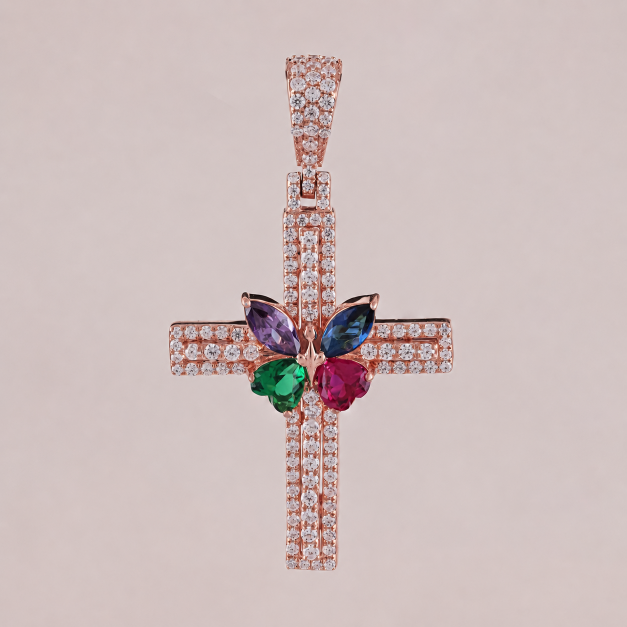 Multi-Color Butterfly Diamond Cross Pendant in Gold