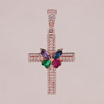 Multi-Color Butterfly Diamond Cross Pendant in Gold