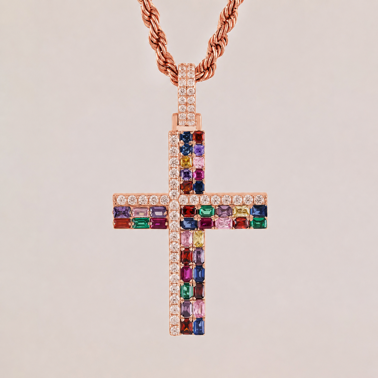 Gold Rainbow Diamond Cross Pendant with 4.1CTW Multi-Color Diamonds