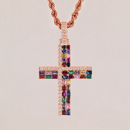 Gold Rainbow Diamond Cross Pendant with 4.1CTW Multi-Color Diamonds