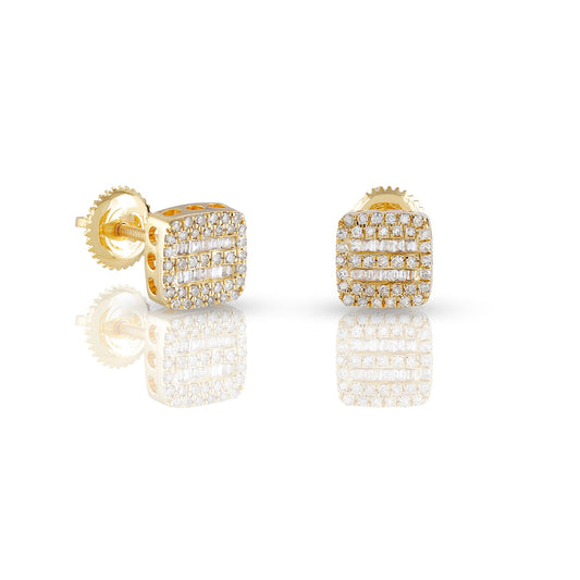 0.30ct Yellow Gold Round and Baguette Diamond Square Earrings by Truth Jewel