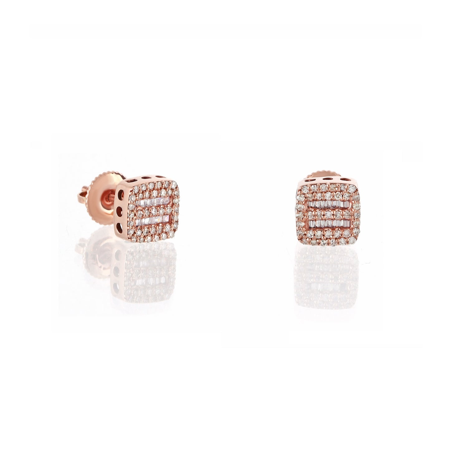0.30ct Rose Gold Round and Baguette Diamond Square Earrings by Truth Jewel