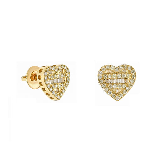0.39ct Yellow Gold Round and Baguette Diamond Heart Earrings by Truth Jewel