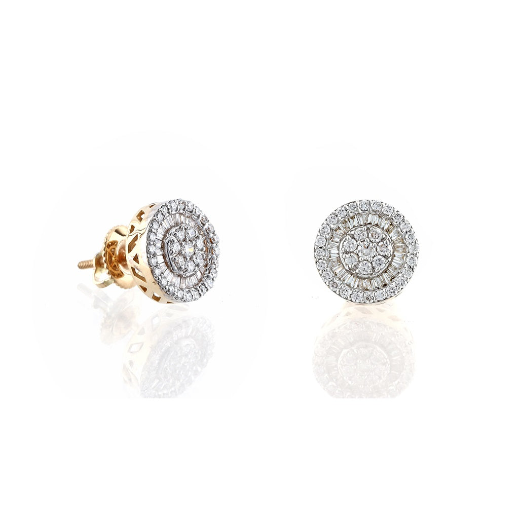 1.46ct Yellow Gold White Round And Baguette Diamond Stud Earrings by Truth Jewel