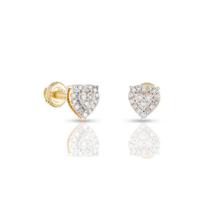 A pair of heart-shaped earrings made of yellow gold, adorned with white diamonds.