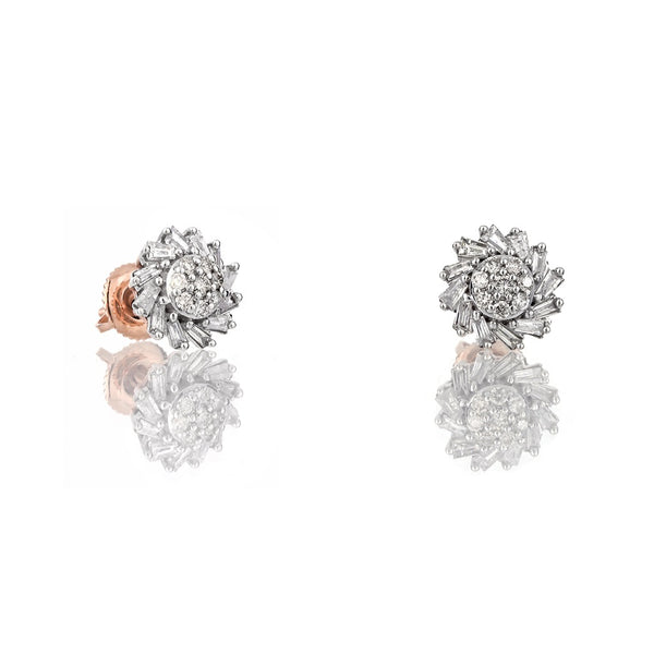 A pair of rose gold hoop earrings with white baguette diamonds, designed to resemble a flower, from Truth Jewel.