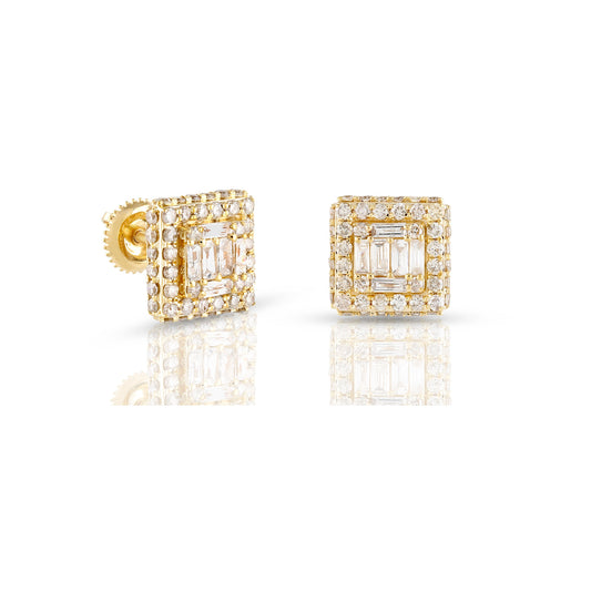 1.43ct Yellow Gold Round and Baguette Diamond Earring by Truth Jewel