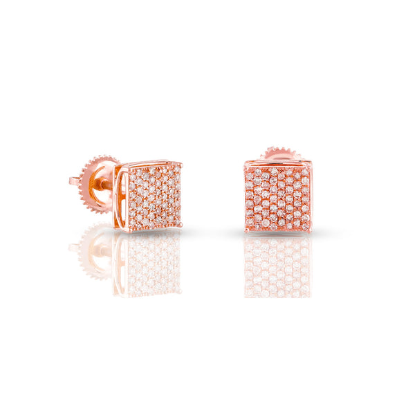 A pair of rose gold round diamond square earrings with a geometric pattern.