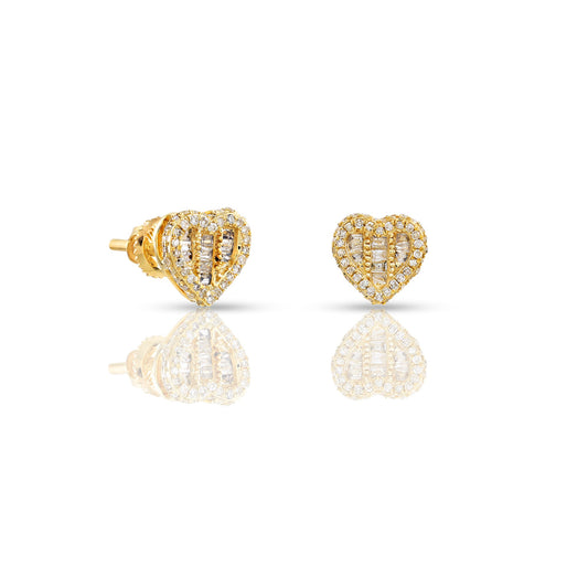 0.28ct Yellow Gold Round and Baguette Diamond Heart Earrings by Truth Jewel