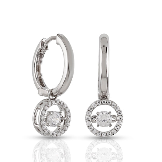 1.09ct Silver Round Diamond Halo Drop Hoop Earrings by Truth Jewel