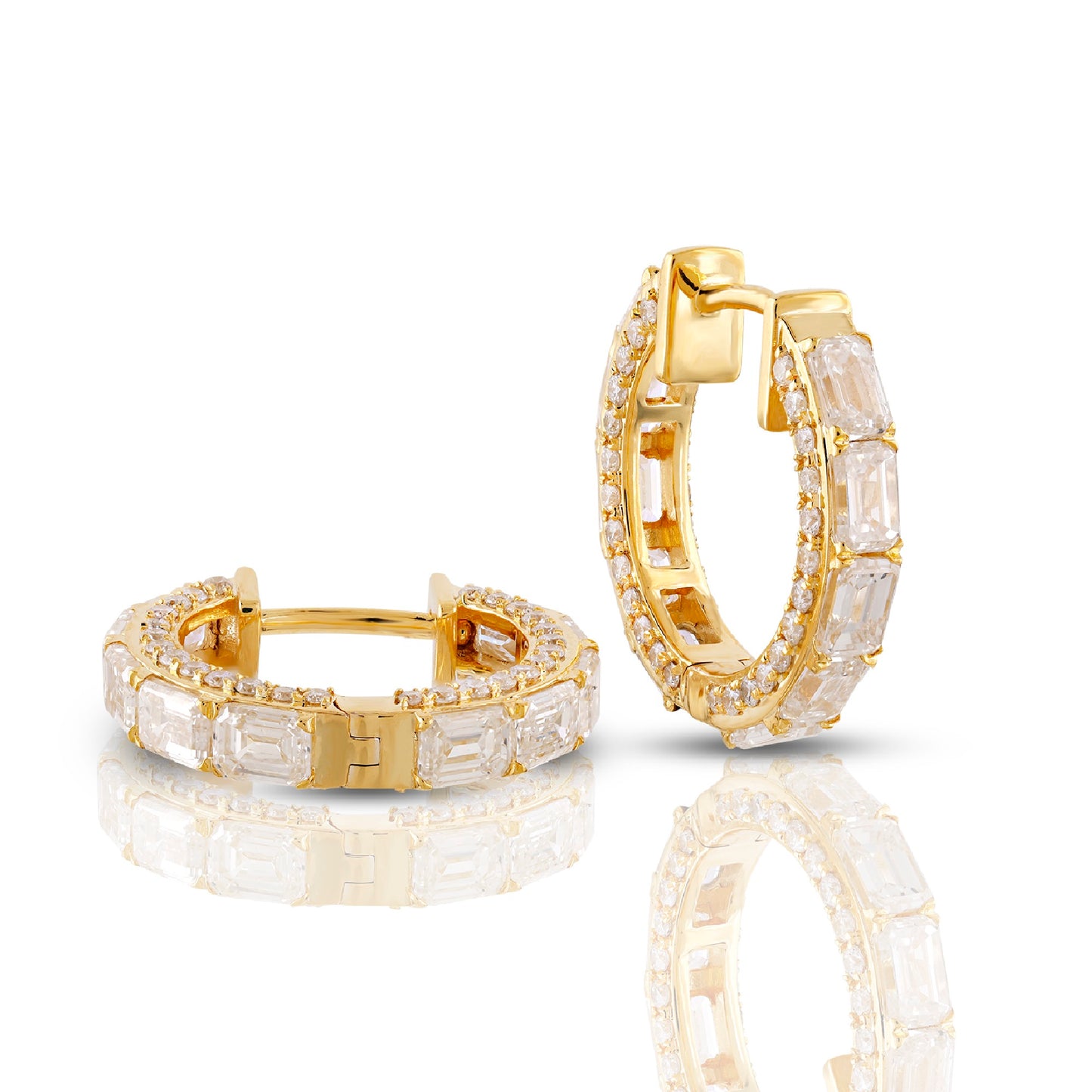 3.68ct Yellow Gold Emerald & Round Diamond Hoop Earrings by Truth Jewel