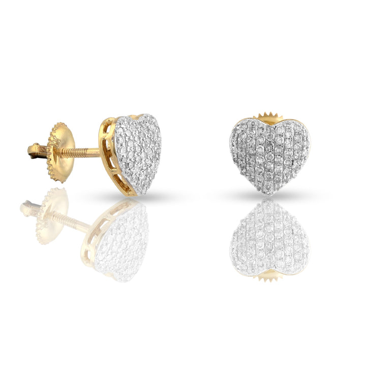 A pair of yellow gold heart-shaped earrings adorned with white diamonds.