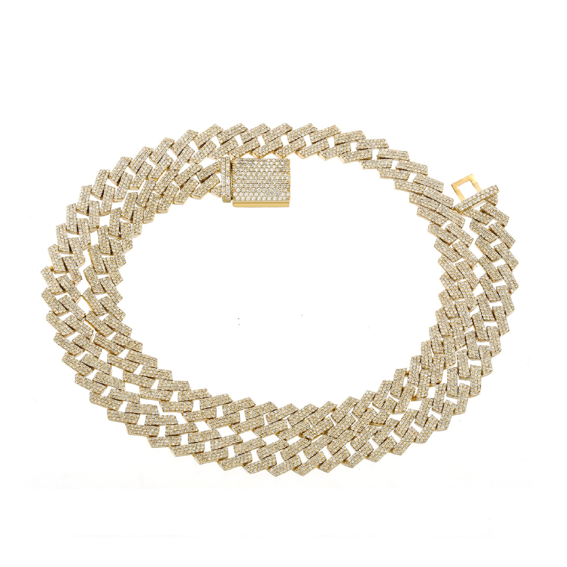 Gold necklace with a woven design on a white background