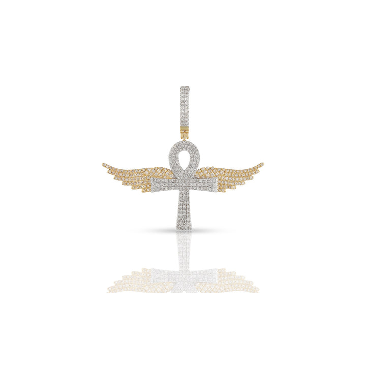 A 10K yellow gold round diamond wings cross pendant with intricate wing details and a golden cross design, adorned with brilliant round diamonds.