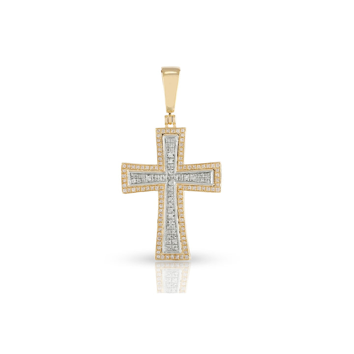 A 10K yellow gold diamond cross pendant with round diamonds set in it, attached to a gold-colored chain.