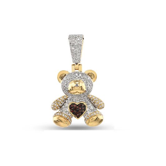 Ruby Heart Diamond Teddy Pendant in Yellow Gold