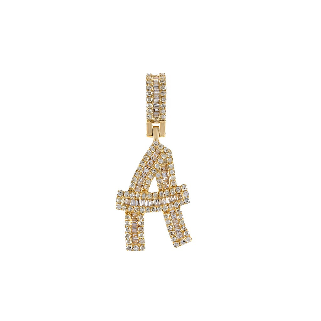 Yellow Gold Baguette and Round Diamond Initial Letter A to Z Pendant