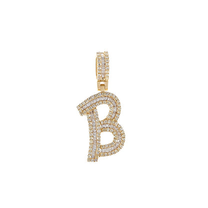 Yellow Gold Baguette and Round Diamond Initial Letter A to Z Pendant