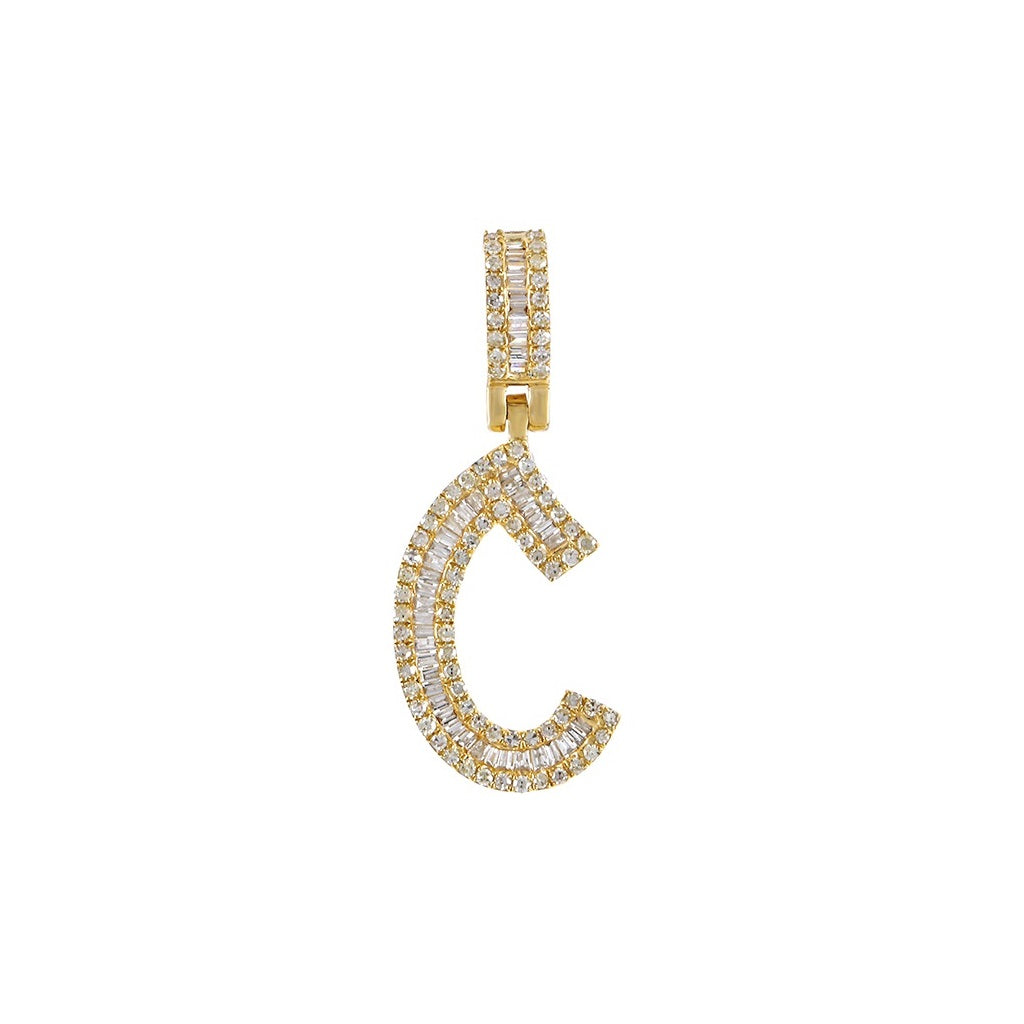 Yellow Gold Baguette and Round Diamond Initial Letter A to Z Pendant