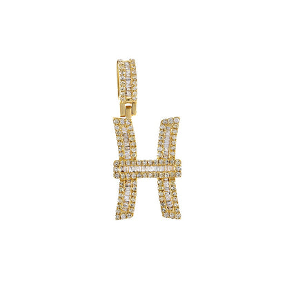 Yellow Gold Baguette and Round Diamond Initial Letter A to Z Pendant