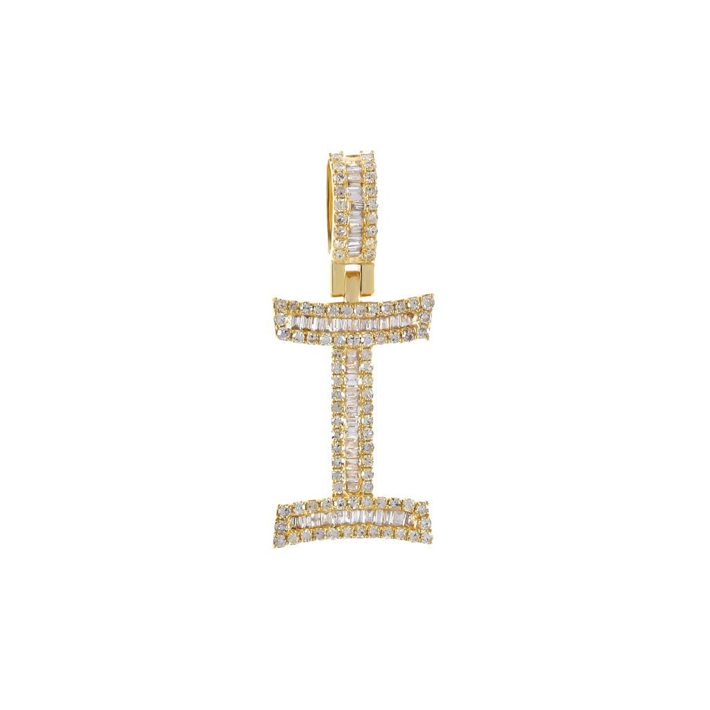 Yellow Gold Baguette and Round Diamond Initial Letter A to Z Pendant