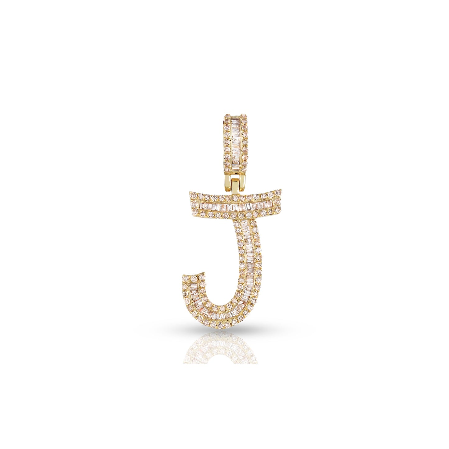 Yellow Gold Baguette and Round Diamond Initial Letter A to Z Pendant