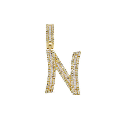 Yellow Gold Baguette and Round Diamond Initial Letter A to Z Pendant