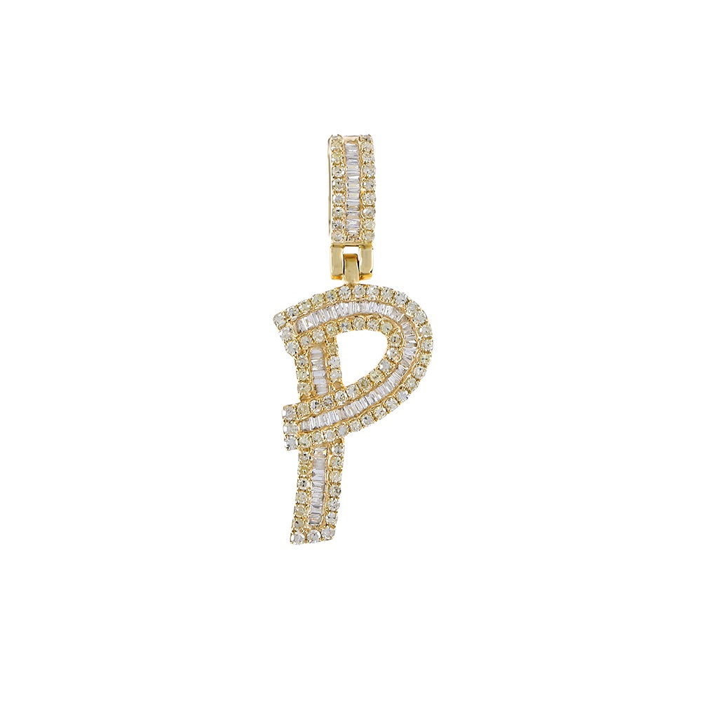 Yellow Gold Baguette and Round Diamond Initial Letter A to Z Pendant