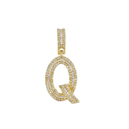 Yellow Gold Baguette and Round Diamond Initial Letter A to Z Pendant