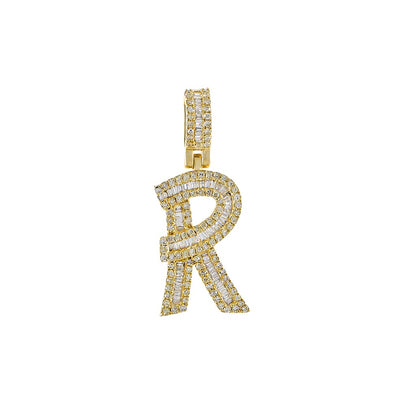 Yellow Gold Baguette and Round Diamond Initial Letter A to Z Pendant