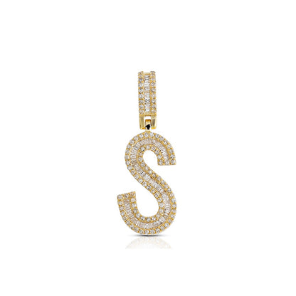 Yellow Gold Baguette and Round Diamond Initial Letter A to Z Pendant