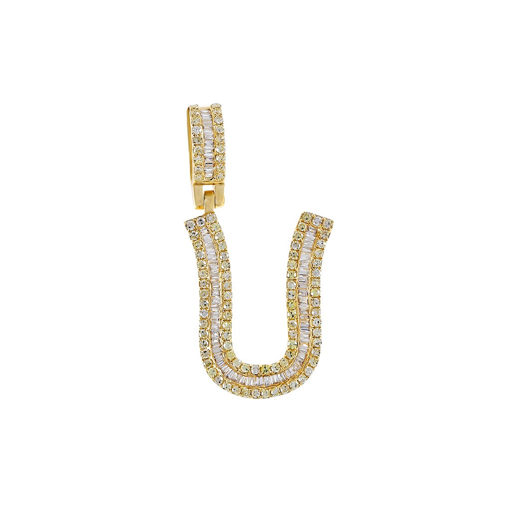 Yellow Gold Baguette and Round Diamond Initial Letter A to Z Pendant