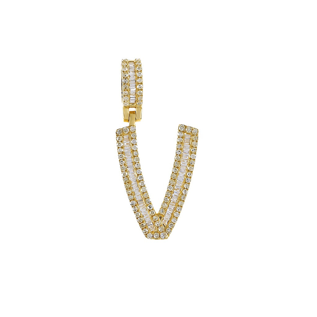 Yellow Gold Baguette and Round Diamond Initial Letter A to Z Pendant