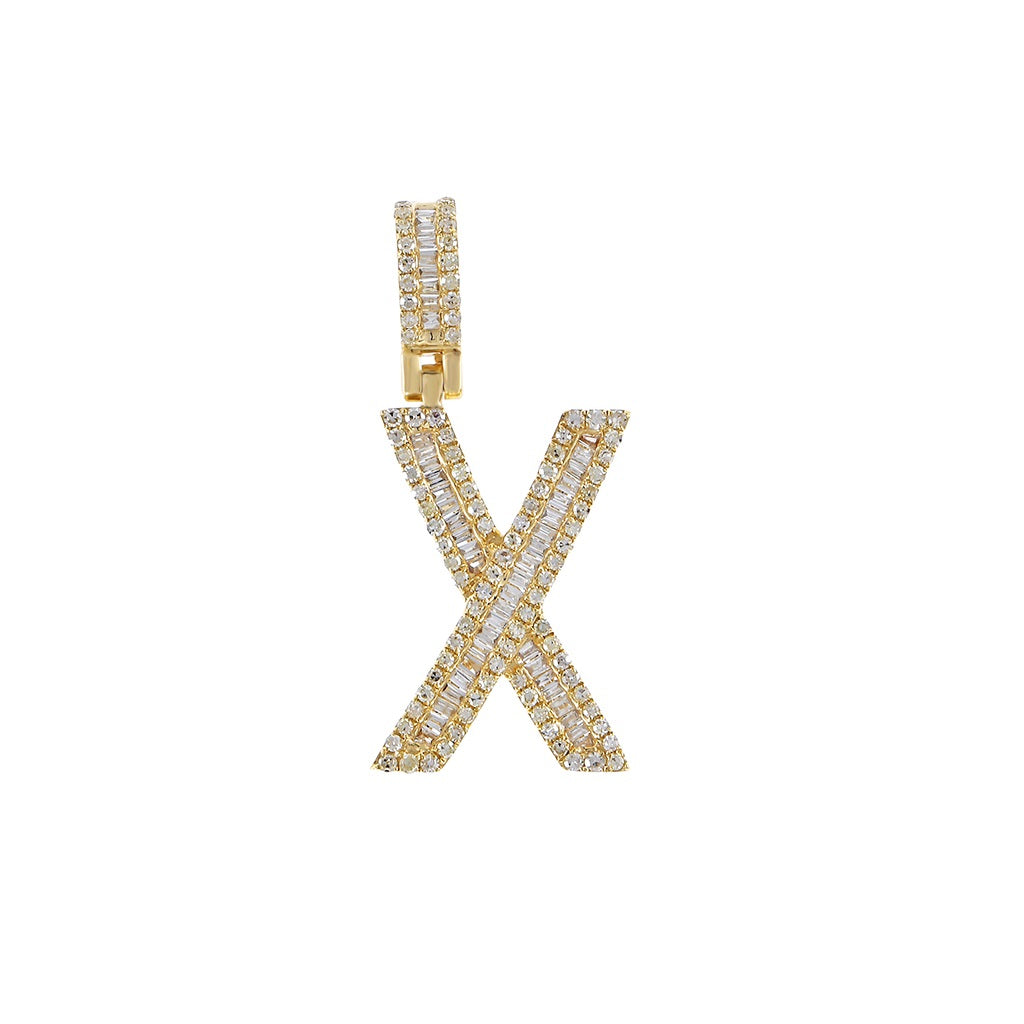 Yellow Gold Baguette and Round Diamond Initial Letter A to Z Pendant