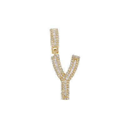 Yellow Gold Baguette and Round Diamond Initial Letter A to Z Pendant