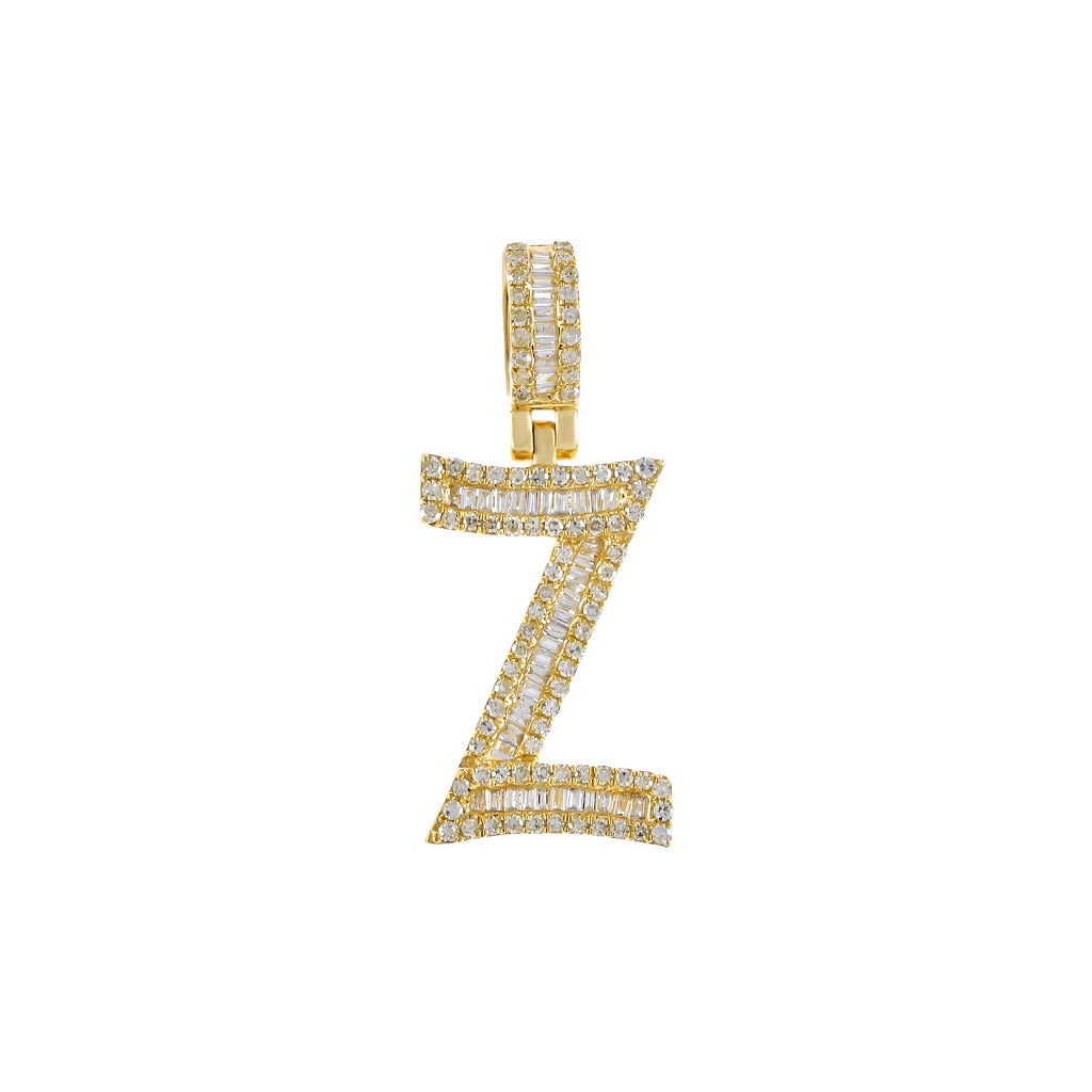 Yellow Gold Baguette and Round Diamond Initial Letter A to Z Pendant