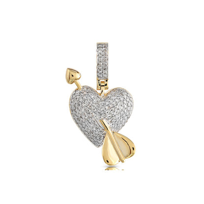 A yellow gold heart-shaped pendant with a diamond-encrusted arrow piercing it, indicating a love and passion theme.