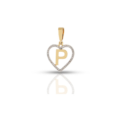 Yellow Gold White Round Diamond Heart Initial Pendant by Truth Jewel