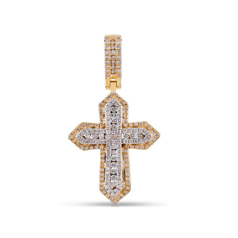 Yellow Gold Multi Row Diamond Tapered Cross Pendant