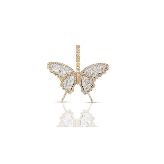 Yellow Gold White Round and Baguette Diamond Butterfly Pendant by Truth Jewel
