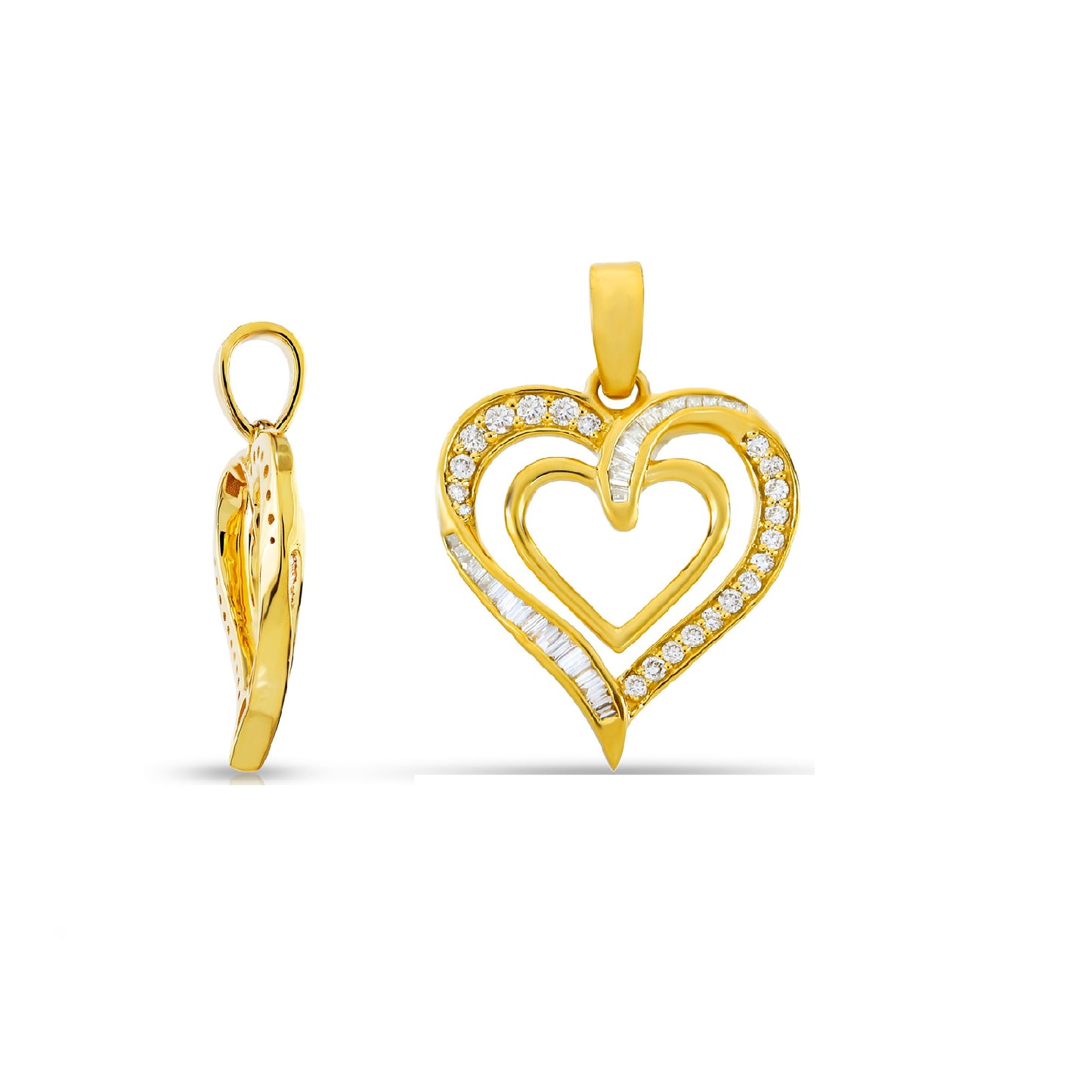 Shine Bright With Yellow Gold Round and Baguette Diamond Heart Pendant