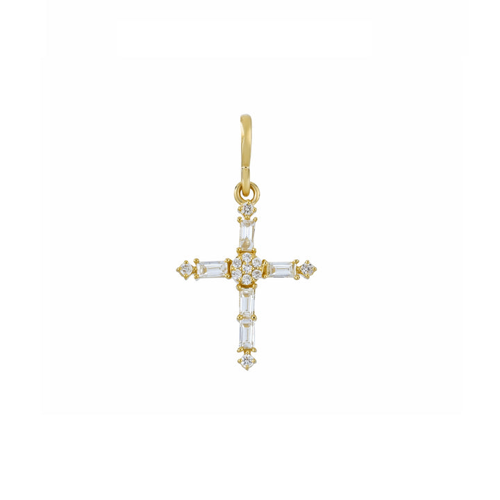 A 14k yellow gold baguette and round diamond cross pendant with a gold chain.