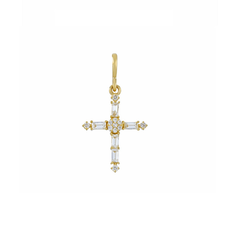A 14k yellow gold baguette and round diamond cross pendant with a gold chain.